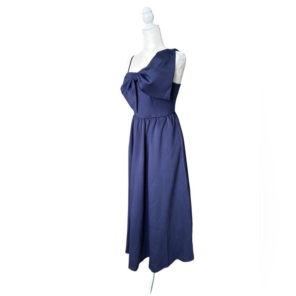 Navy long Dress with Statement asymmetrical Bow - Size Small - Picture 8 of 11